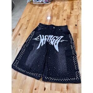 Men's Rhinestone Black Denim Shorts / Jorts Streetwear Size 30